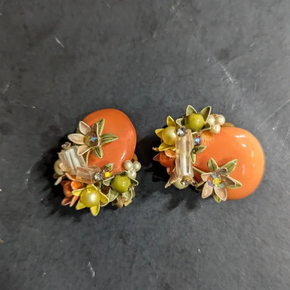 Vintage Floral Clip On Earrings  Orange Beads Filigree  Rhinestones 1.5